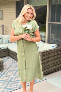 Collared Button Down Midi Dress - Olive