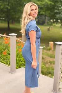 Collared Button Down Midi Dress - Denim Blue