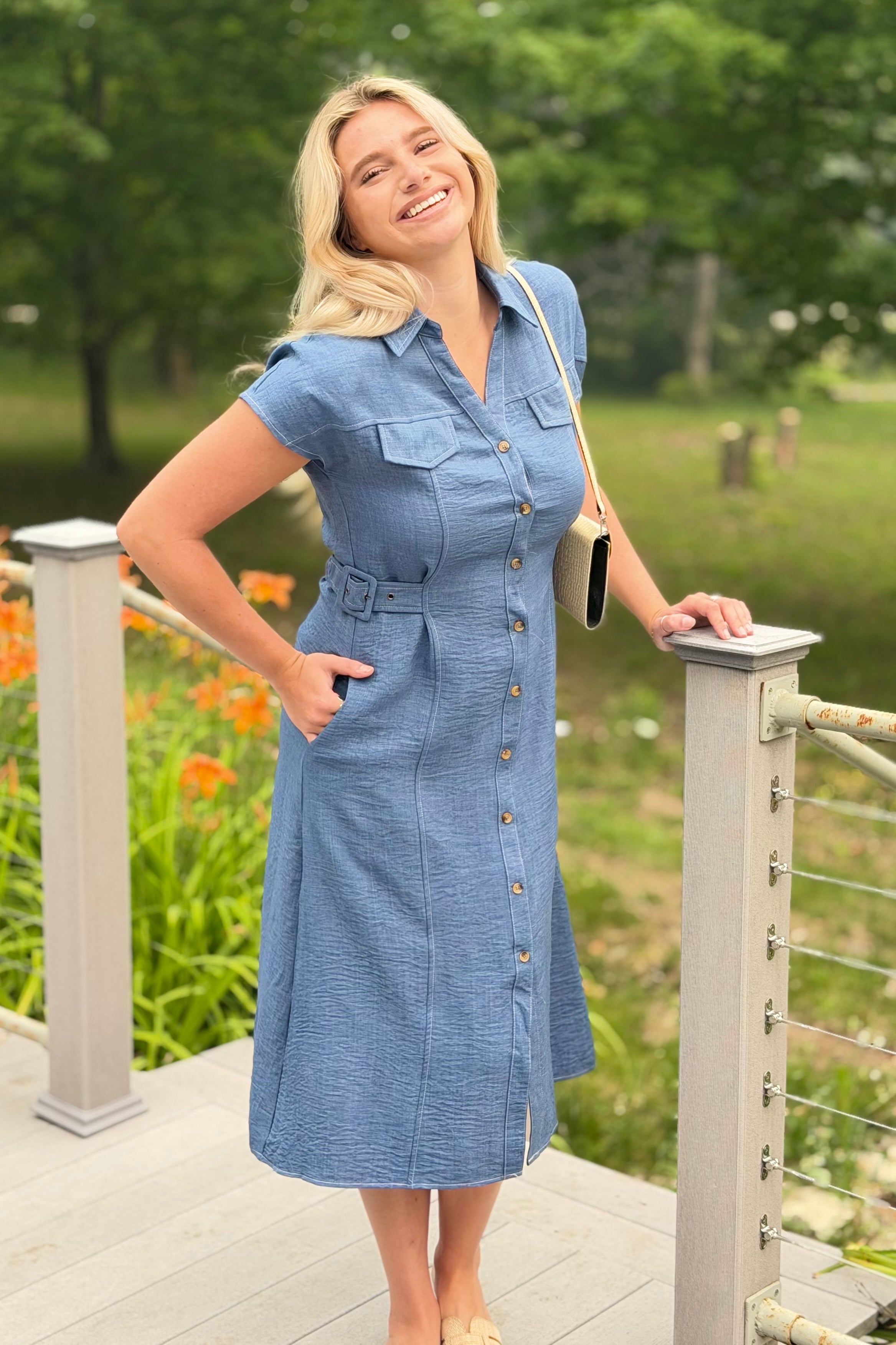 Collared Button Down Midi Dress - Denim Blue