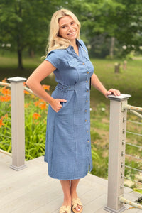 Collared Button Down Midi Dress - Denim Blue