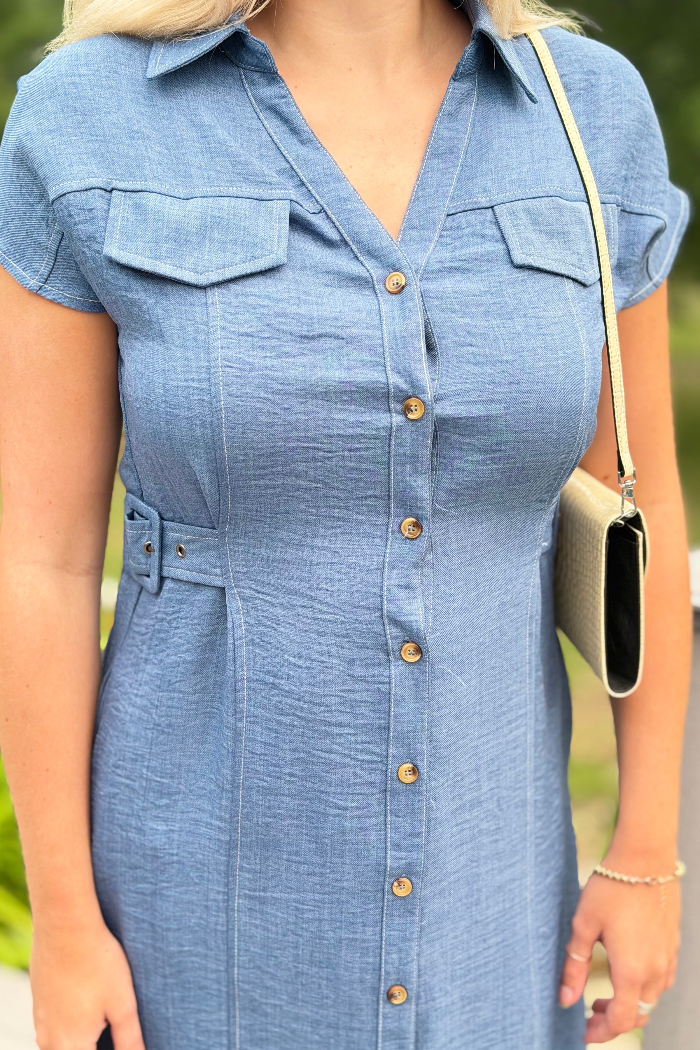 Collared Button Down Midi Dress - Denim Blue