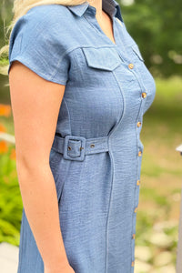 Collared Button Down Midi Dress - Denim Blue
