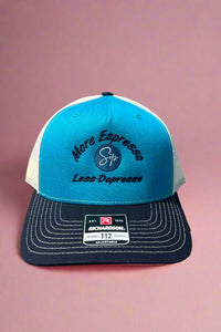 'More Espresso Less Depresso' Trucker - Blue