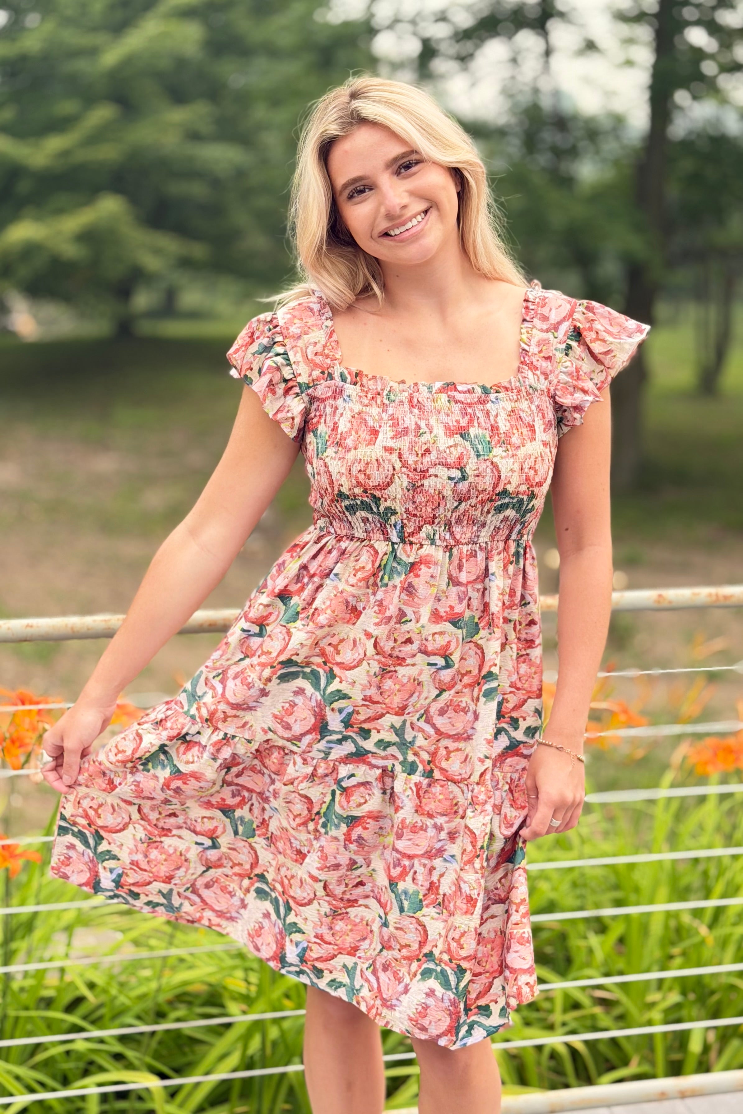 Abstract Floral Dress Coral