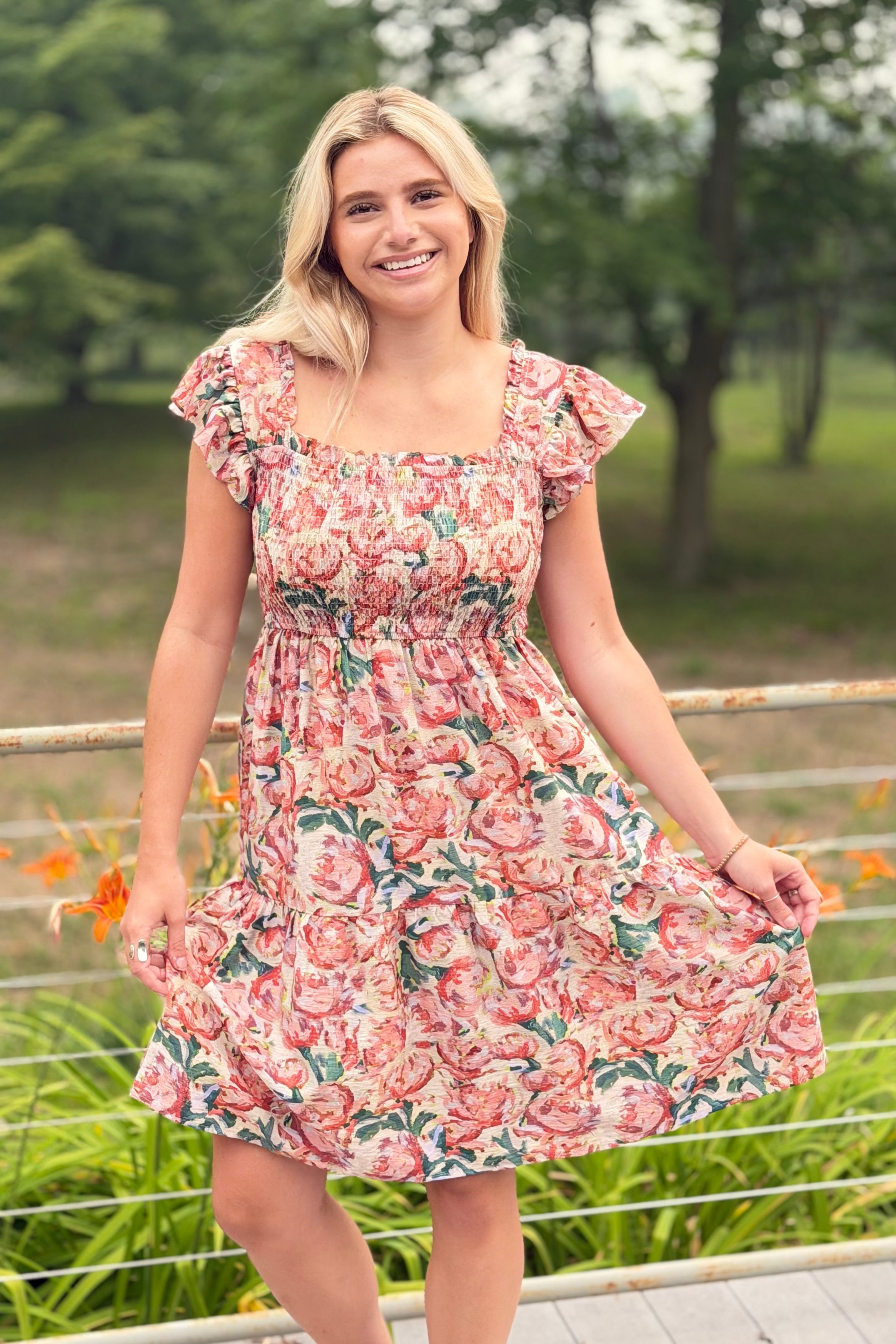 Abstract Floral Dress Coral