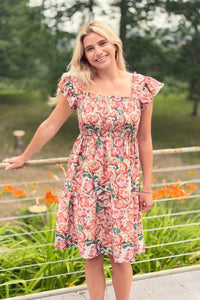 Abstract Floral Dress Coral