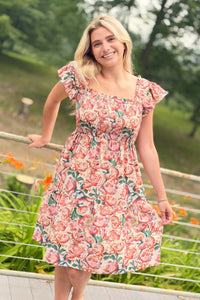 Abstract Floral Dress Coral