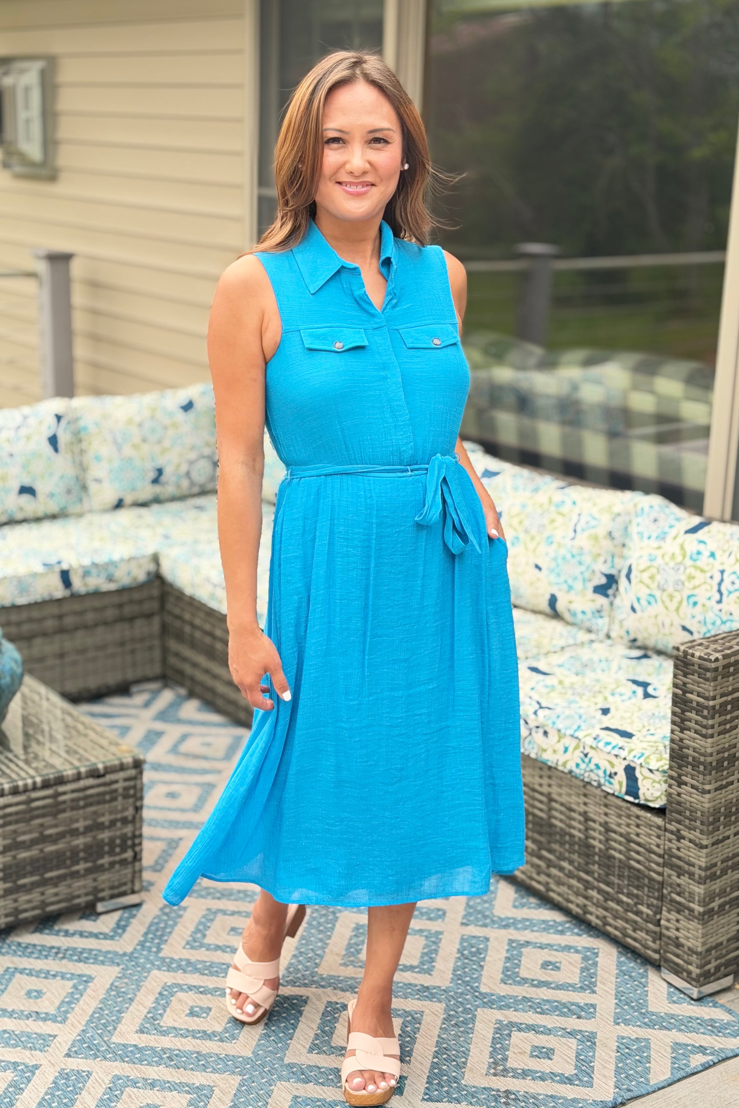 Tailored Gauze Shirt Dress - Blue