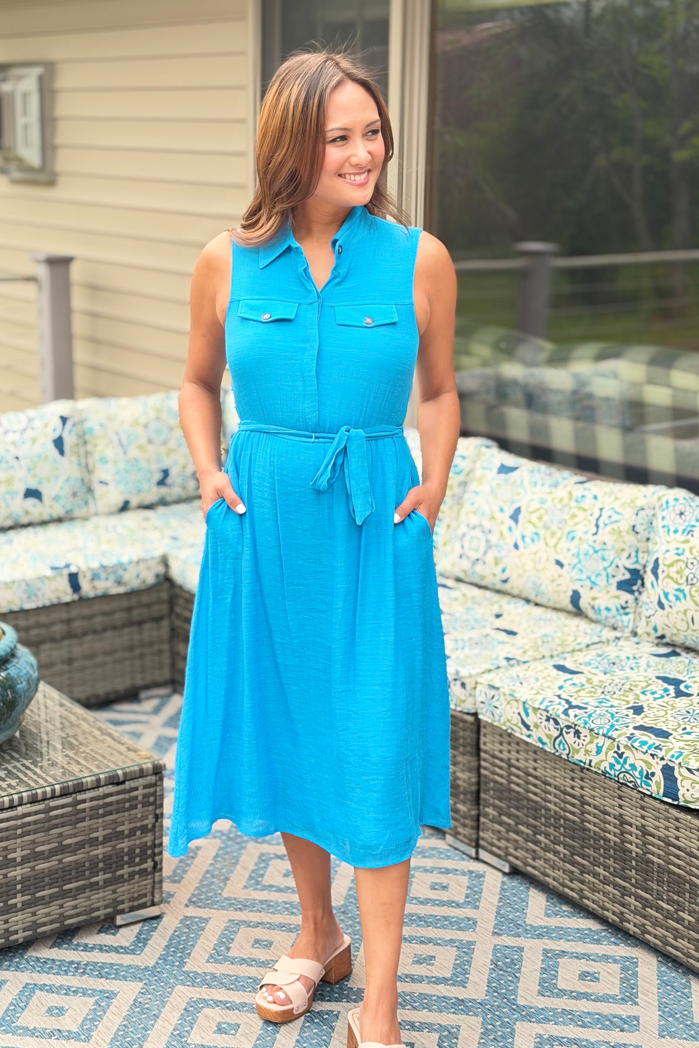 Tailored Gauze Shirt Dress - Blue