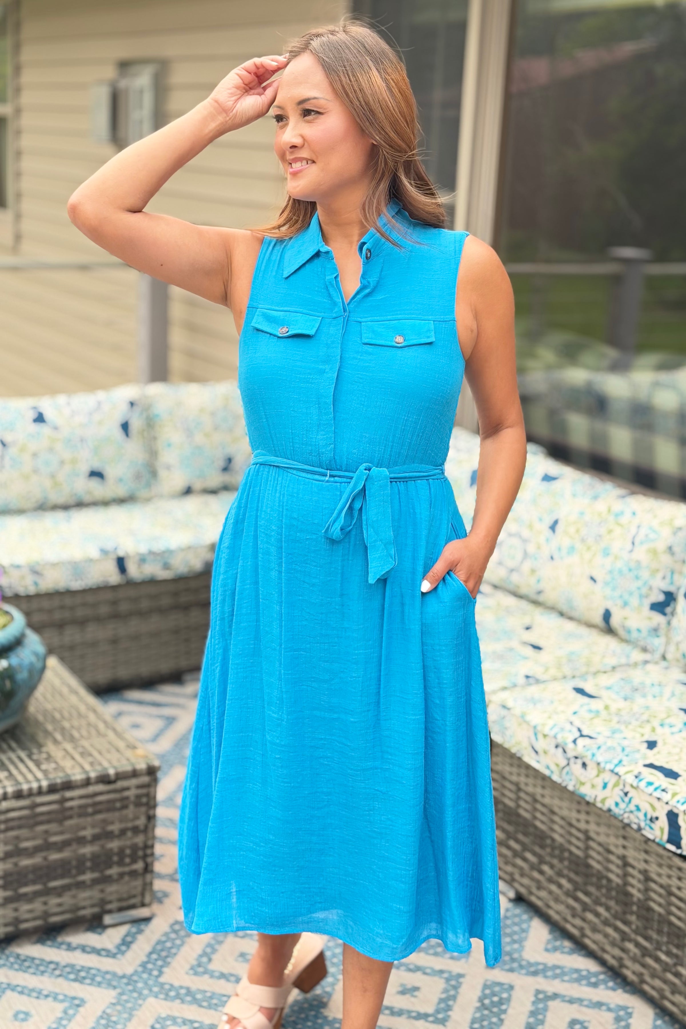 Tailored Gauze Shirt Dress - Blue