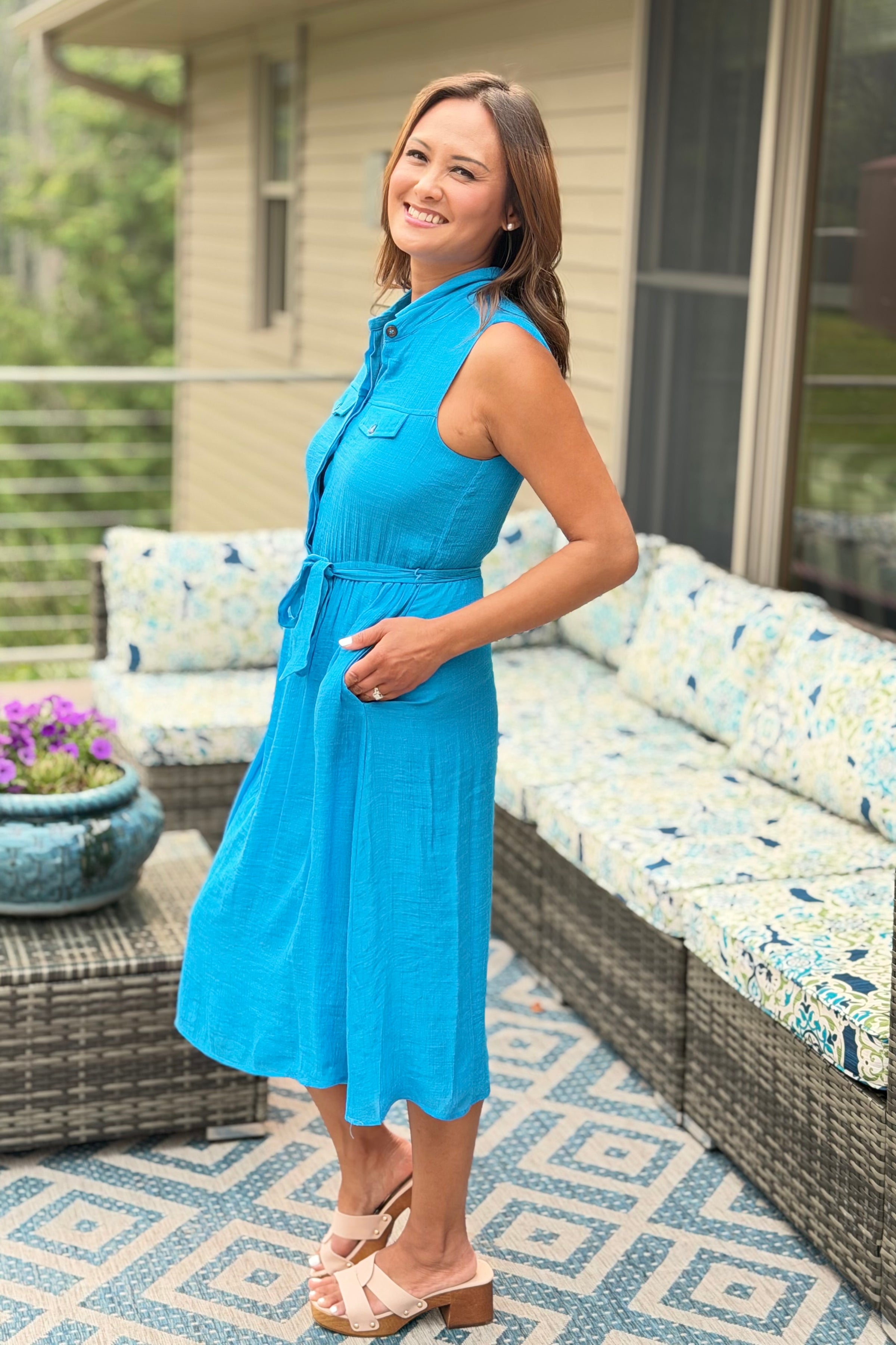Tailored Gauze Shirt Dress - Blue