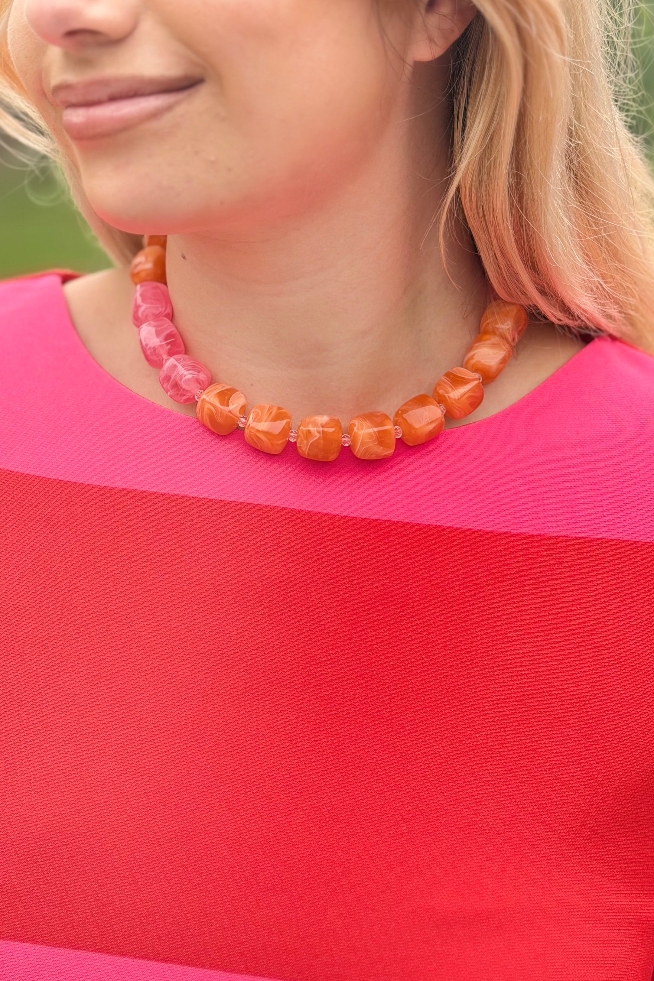 Color Block Bead Necklace - Orange/Pink
