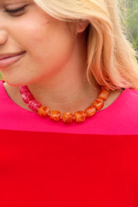 Color Block Bead Necklace - Orange/Pink