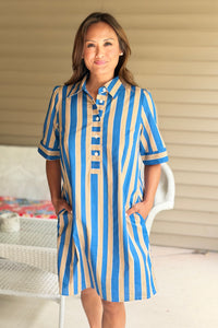 Short Sleeve Striped Dress - Taupe/Teal