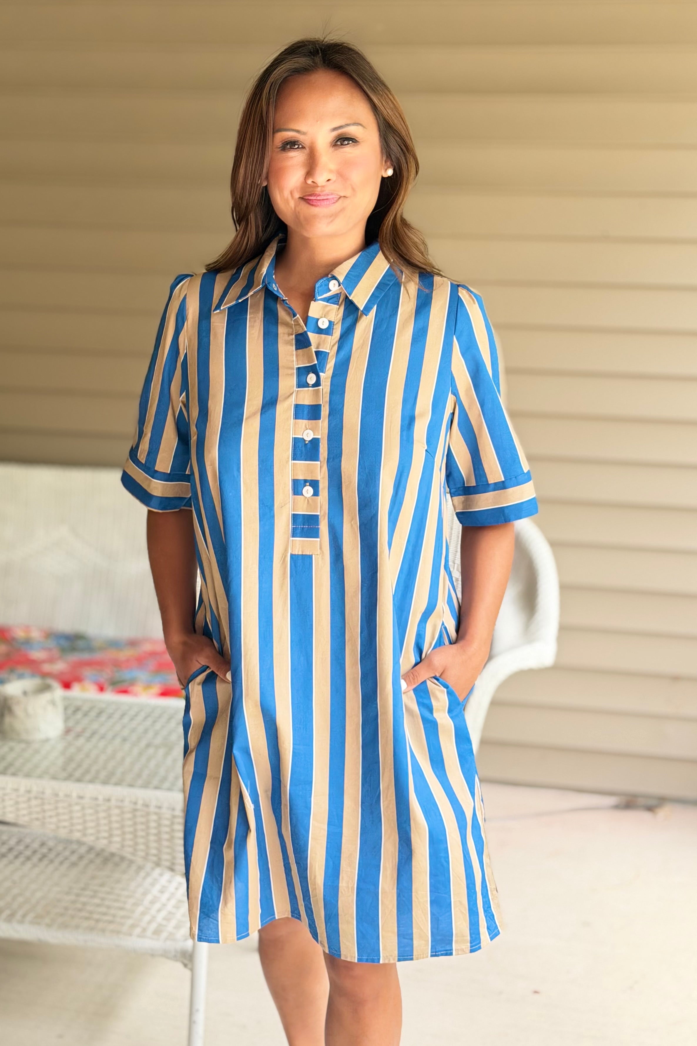 Short Sleeve Striped Dress - Taupe/Teal