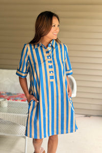 Short Sleeve Striped Dress - Taupe/Teal