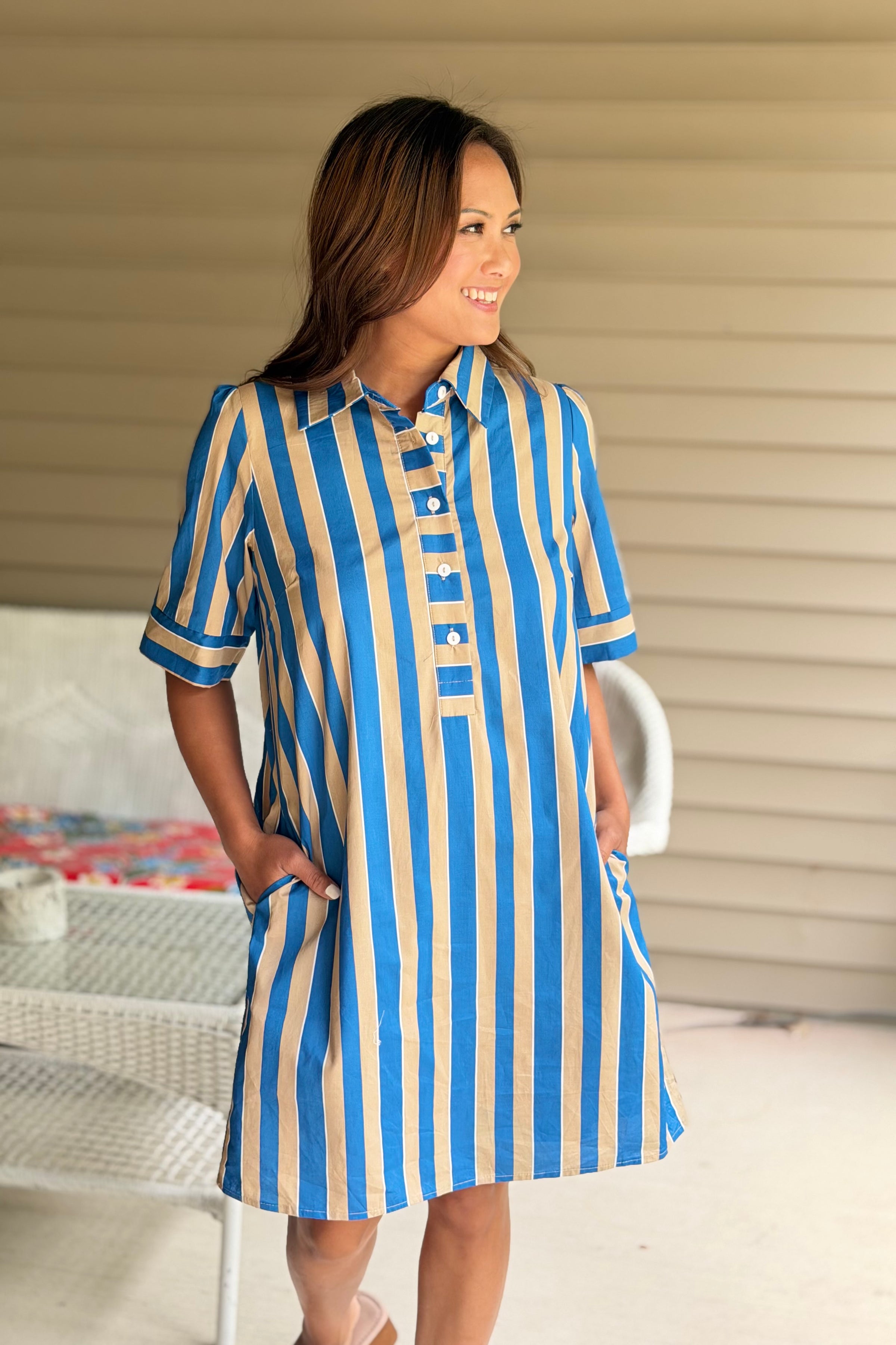 Short Sleeve Striped Dress - Taupe/Teal