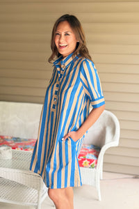 Short Sleeve Striped Dress - Taupe/Teal