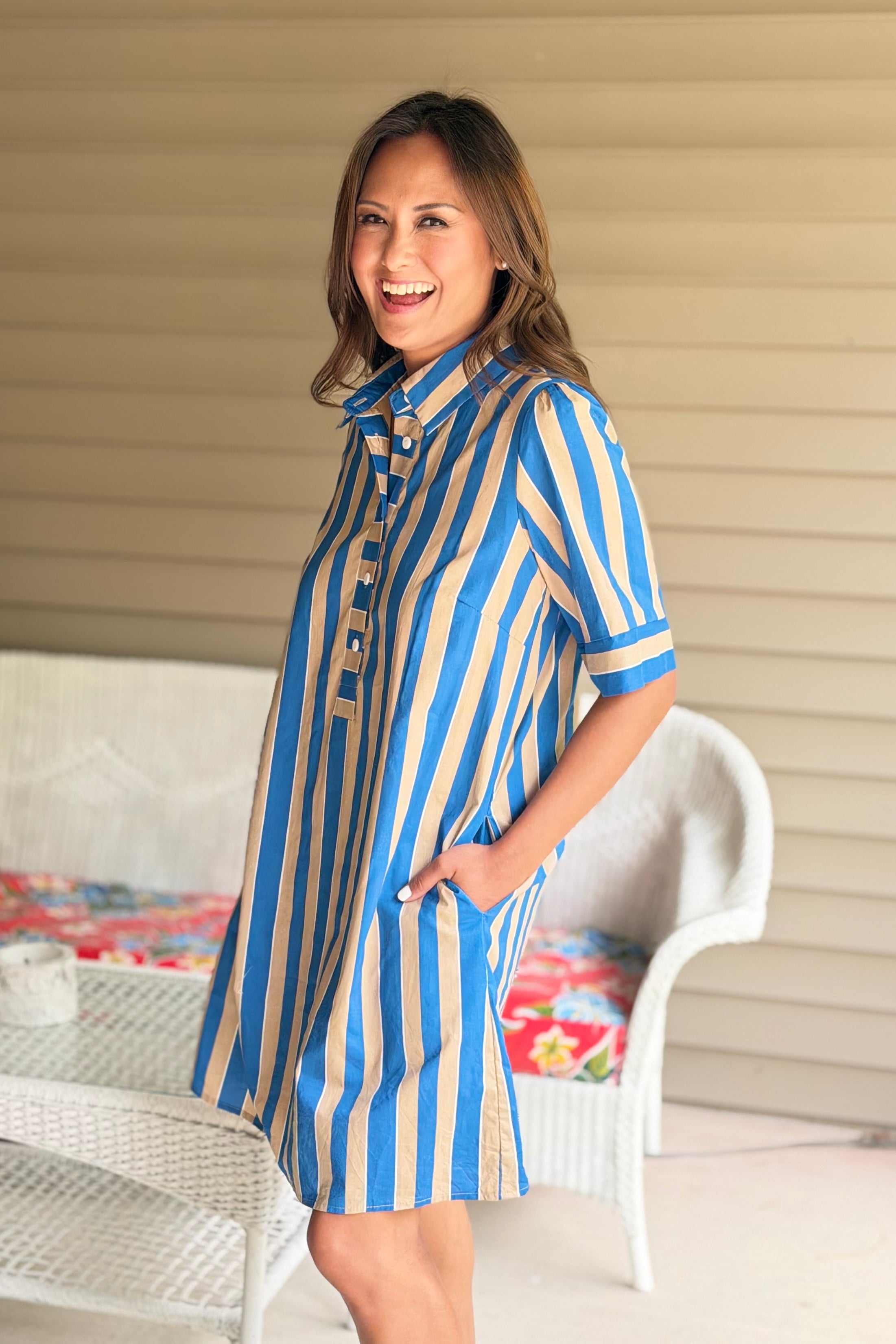 Short Sleeve Striped Dress - Taupe/Teal