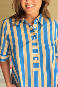 Short Sleeve Striped Dress - Taupe/Teal