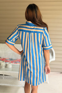 Short Sleeve Striped Dress - Taupe/Teal