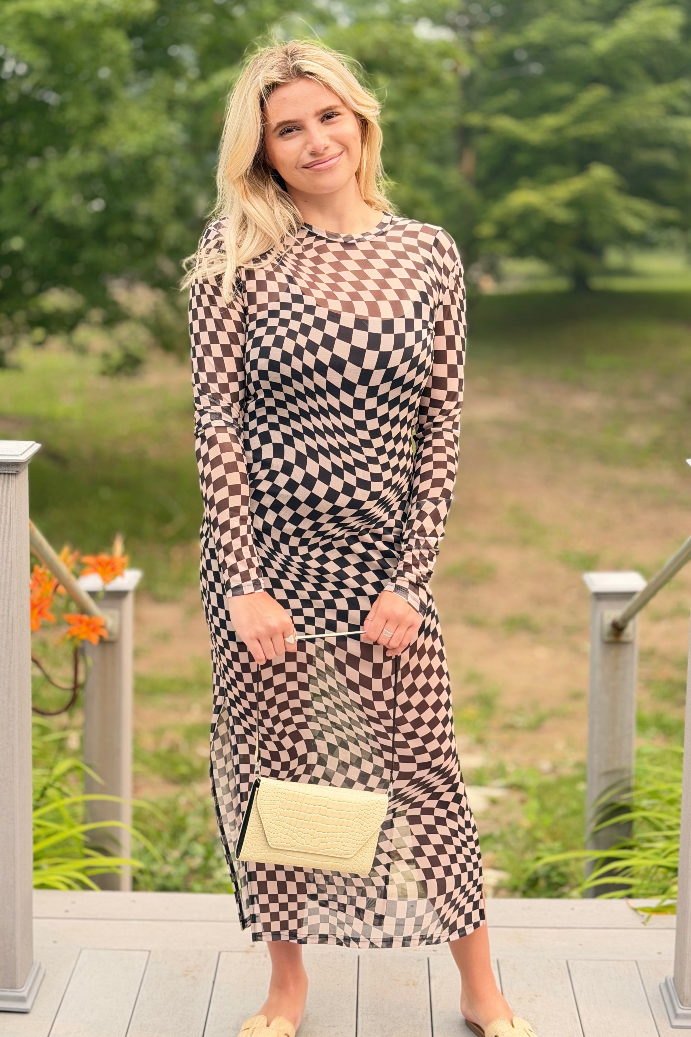 Optical Illusion Mesh Maxi Dress Black Beige Long Sleeve Lightweight – Spot
