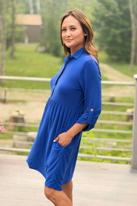 Collared Shirt Dress w/ Pockets - Blue