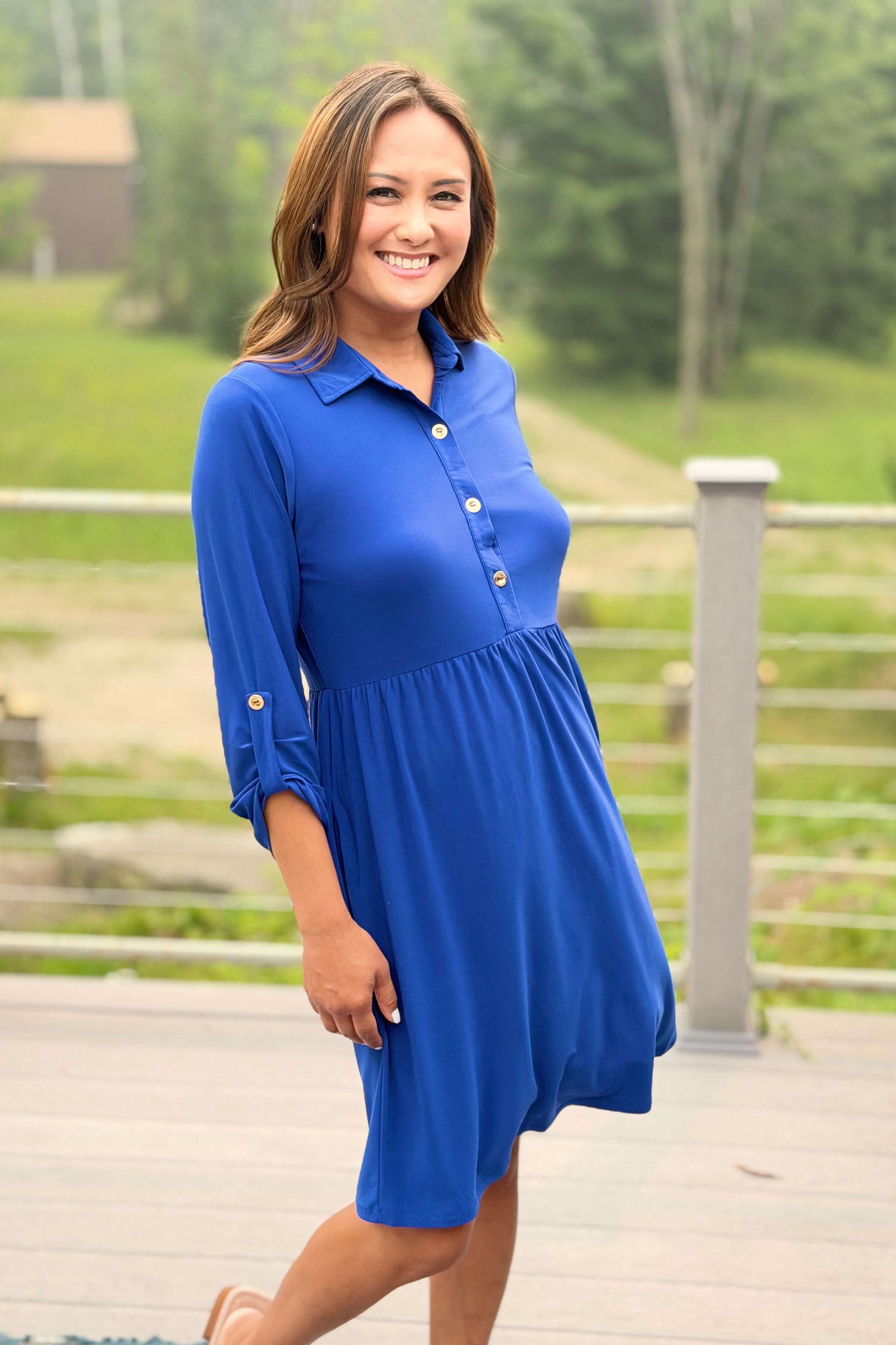 Collared Shirt Dress w/ Pockets - Blue