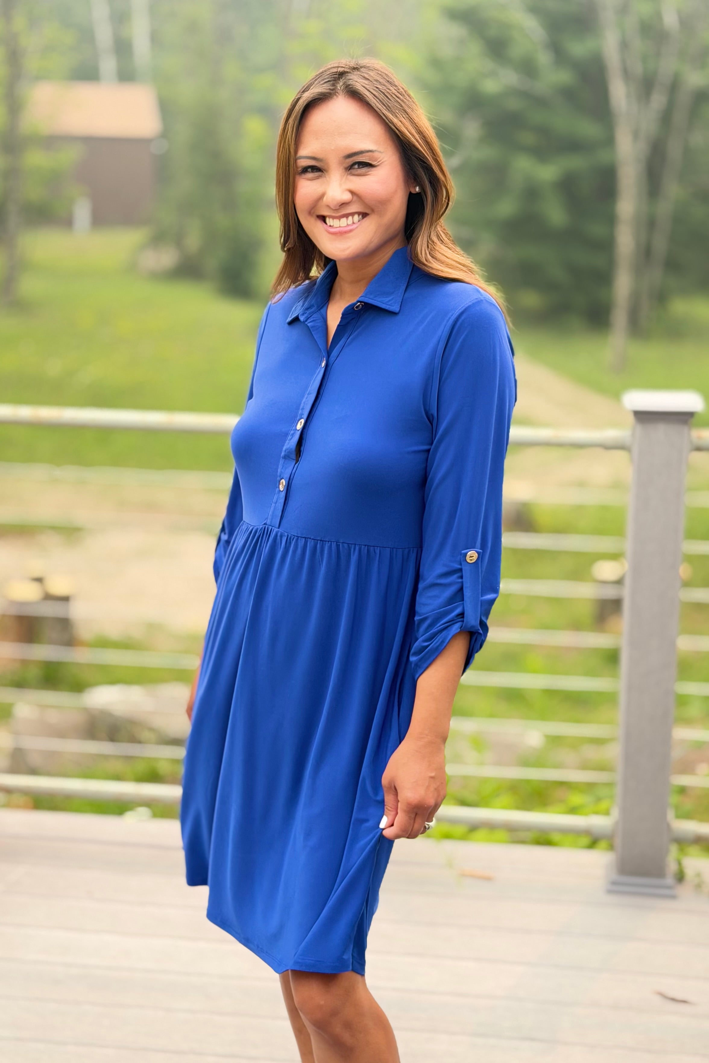 Collared Shirt Dress w/ Pockets - Blue