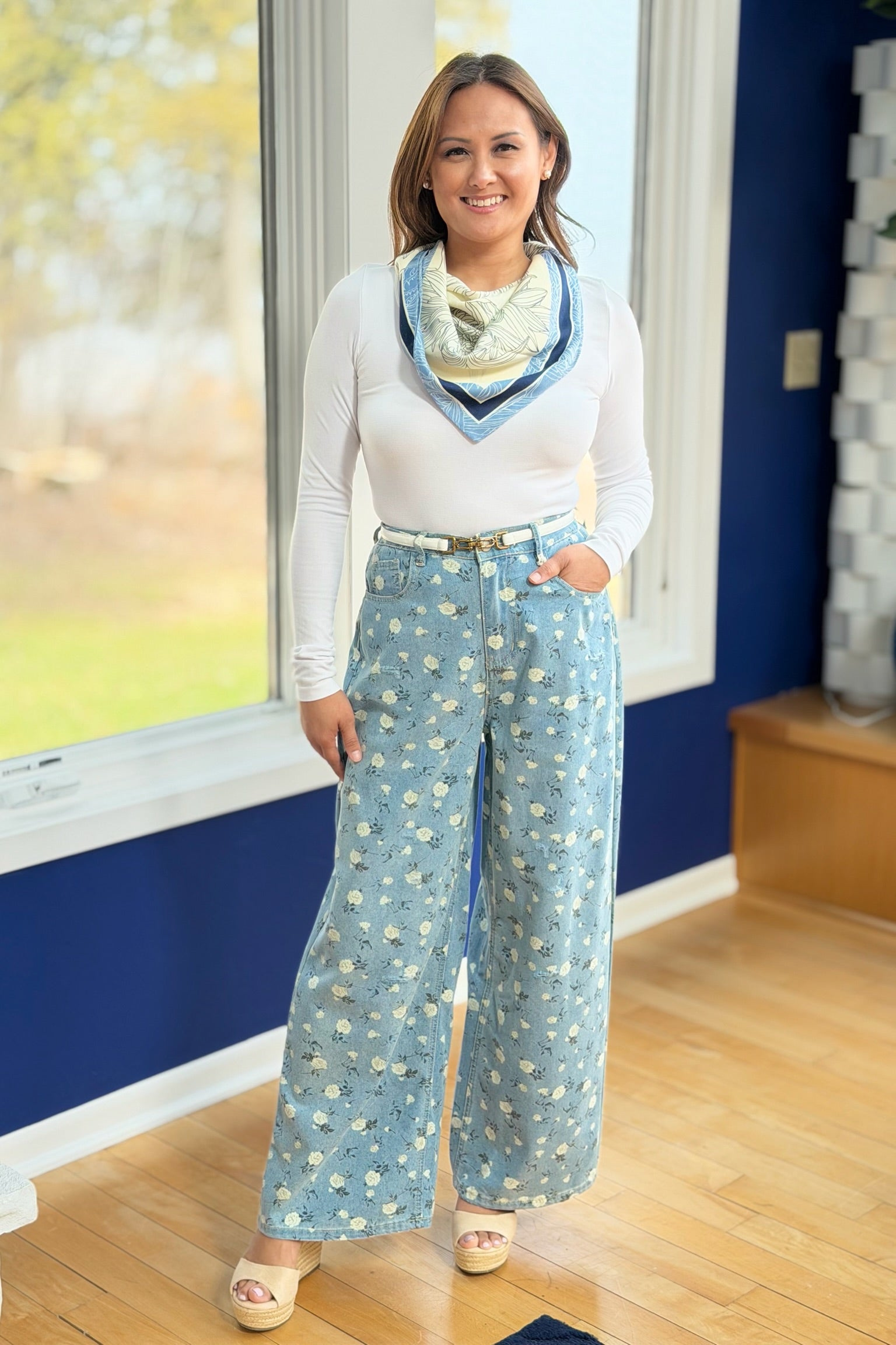 Floral High-Waisted Denim Pants