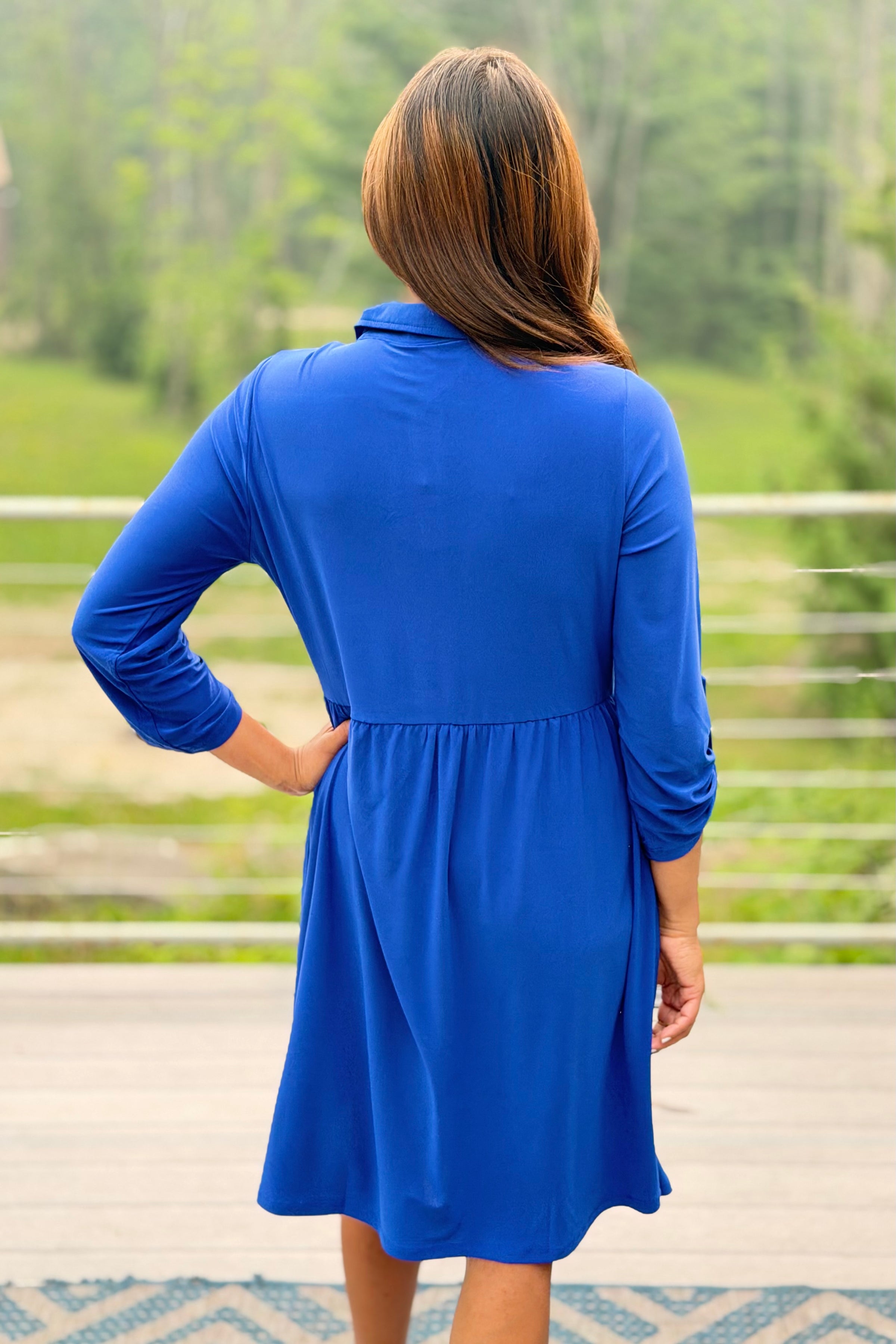 Collared Shirt Dress w/ Pockets - Blue