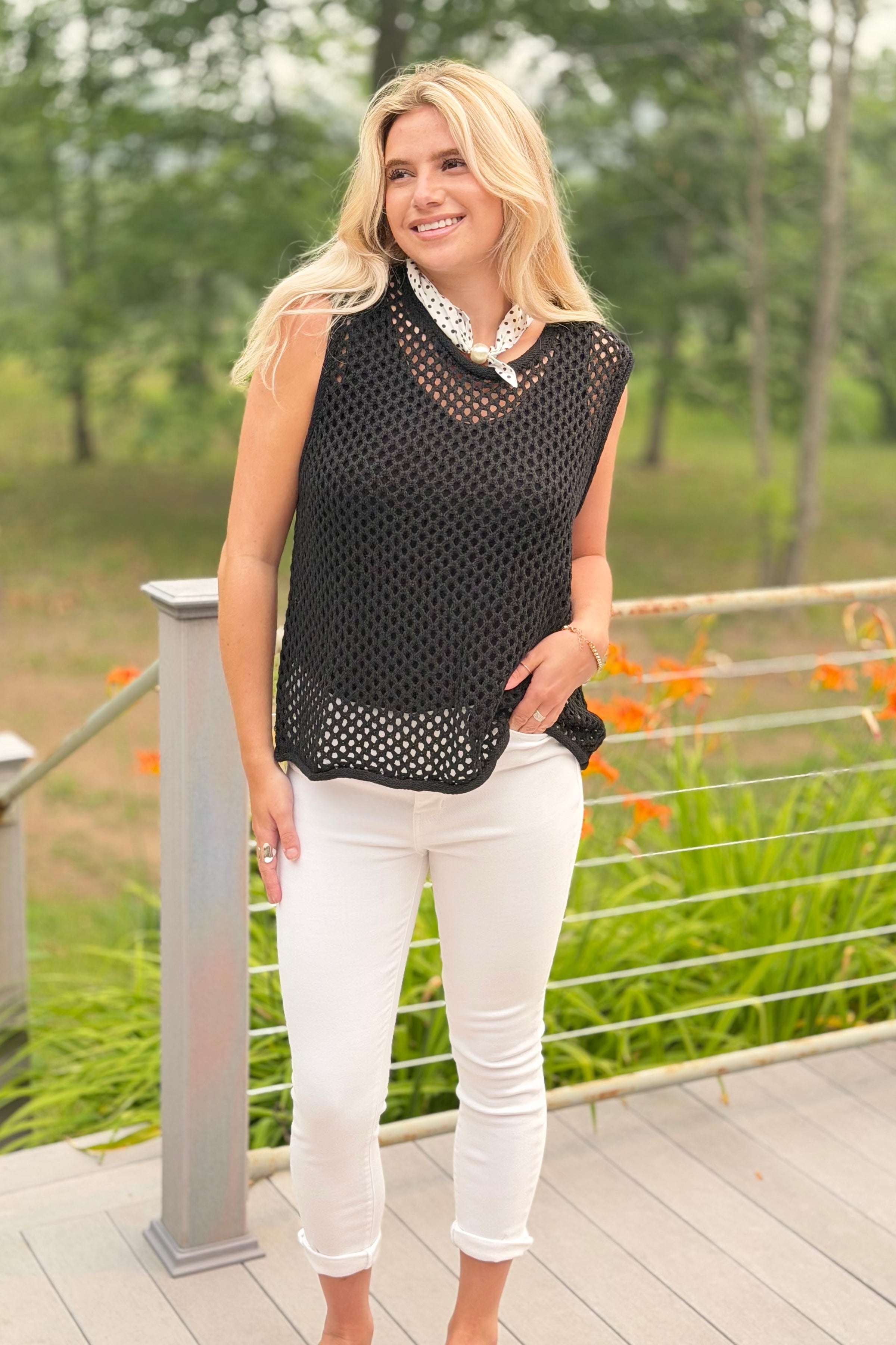 Fishnet Crochet Knit Sweater - Black