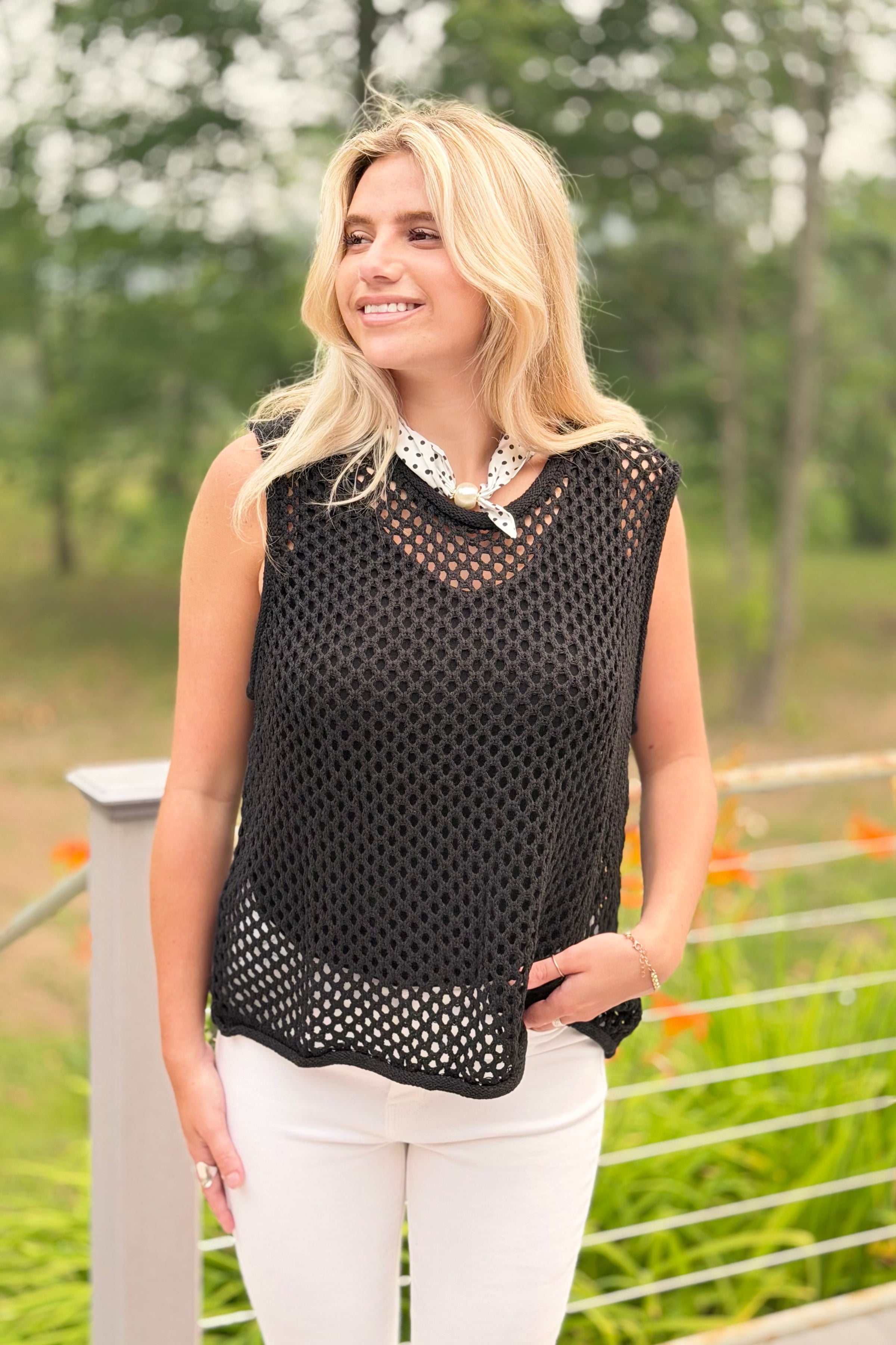 Fishnet Crochet Knit Sweater - Black