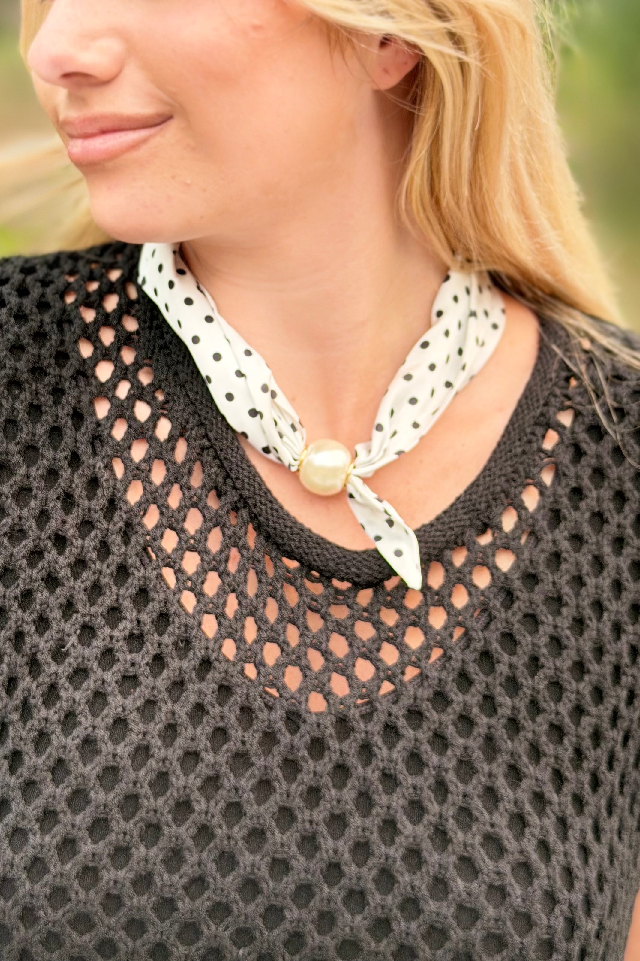 Pearl Polkadot Scarf Necklace - White