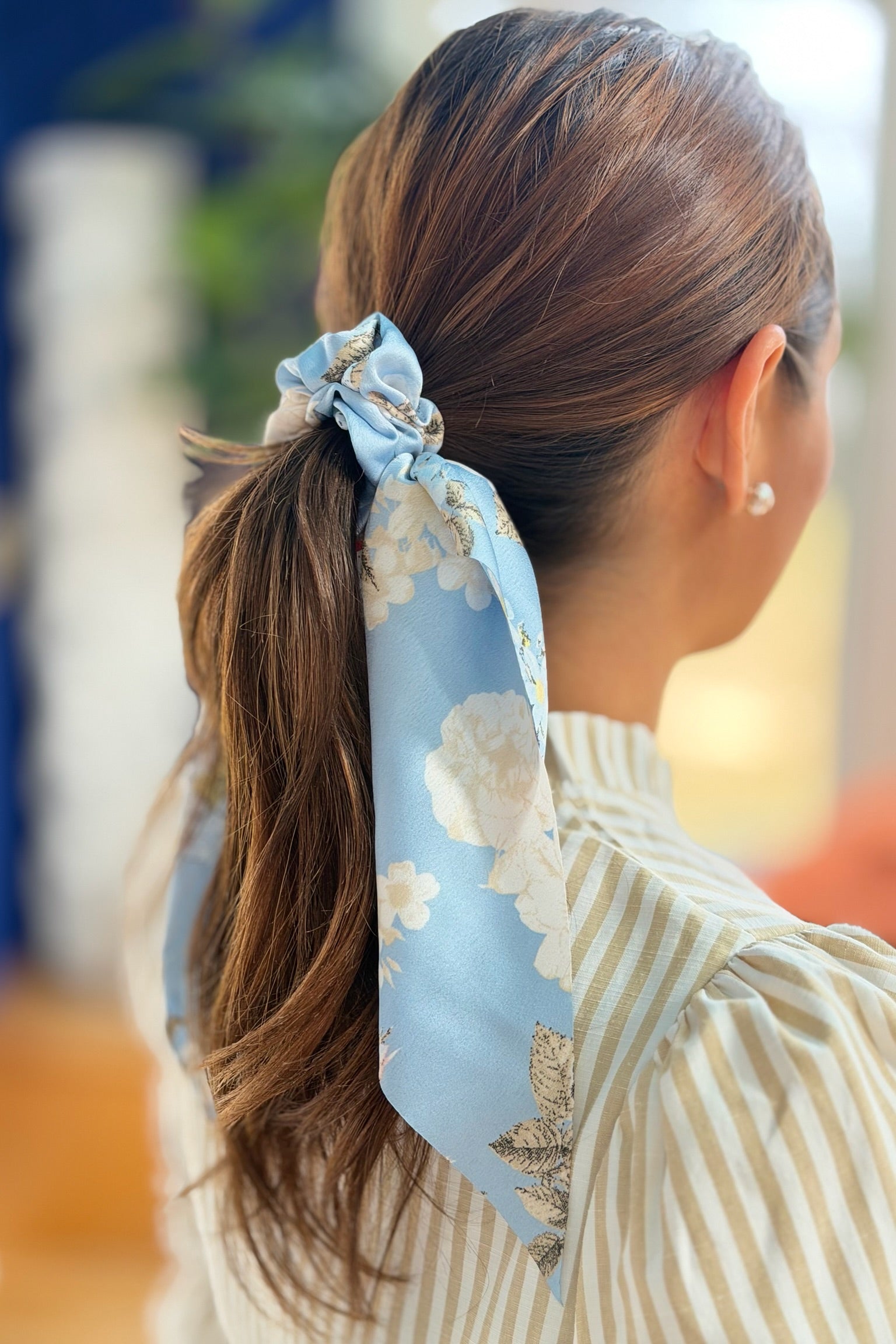 Ponytail Scrunchie With Ribbon - Blue