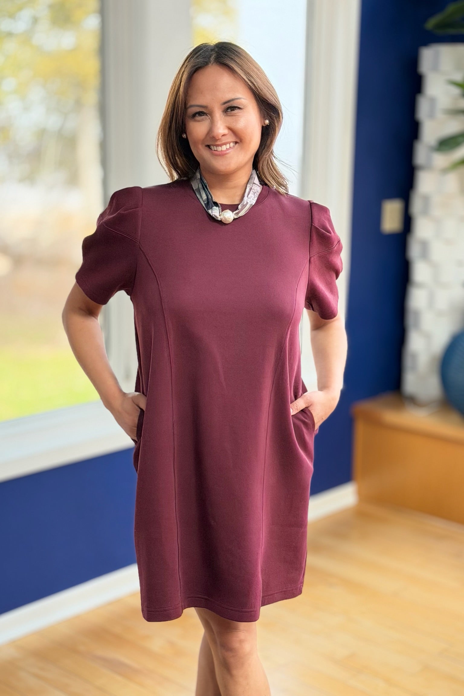 Short Sleeve Puff Shoulder Mini Dress - Burgundy