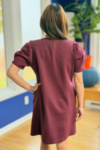 Short Sleeve Puff Shoulder Mini Dress - Burgundy