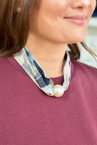 Silky Print Scarf Necklace Pearl Clasp - Grey
