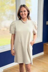 Short Sleeve Puff Shoulder Mini Dress - Oatmeal