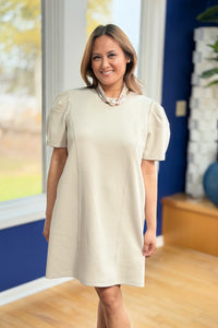 Short Sleeve Puff Shoulder Mini Dress - Oatmeal