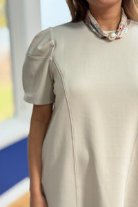 Short Sleeve Puff Shoulder Mini Dress - Oatmeal