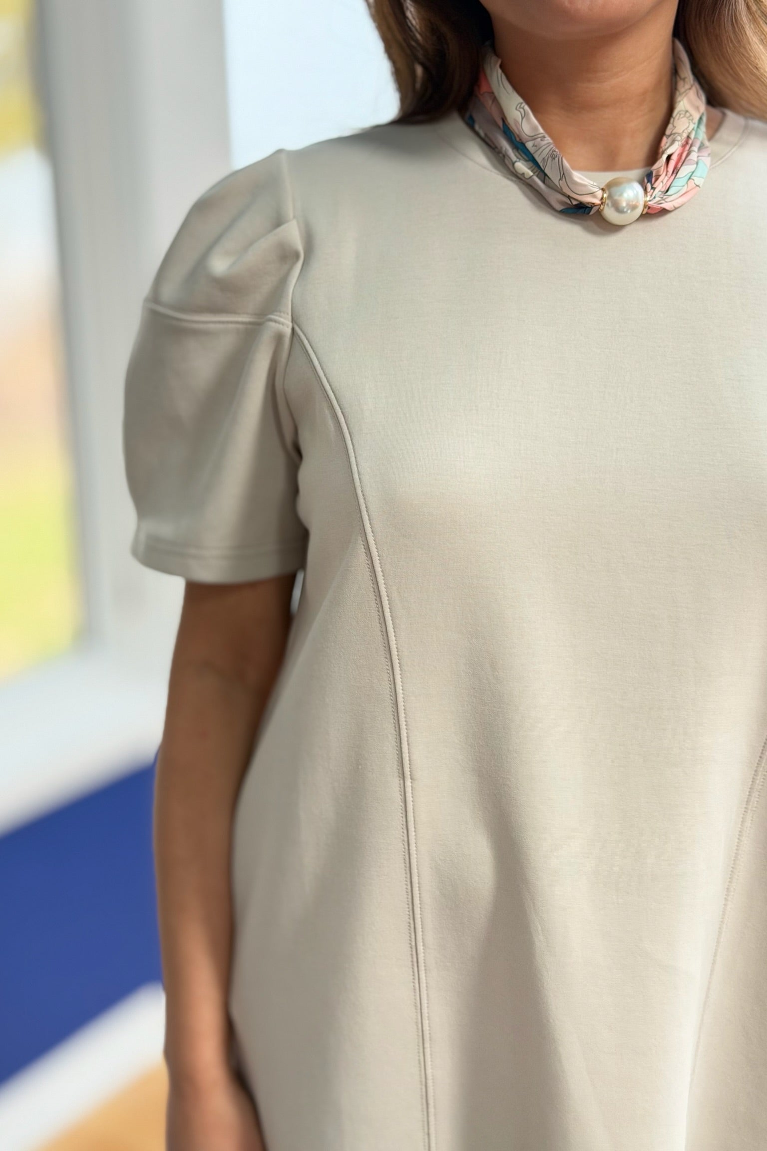 Short Sleeve Puff Shoulder Mini Dress - Oatmeal