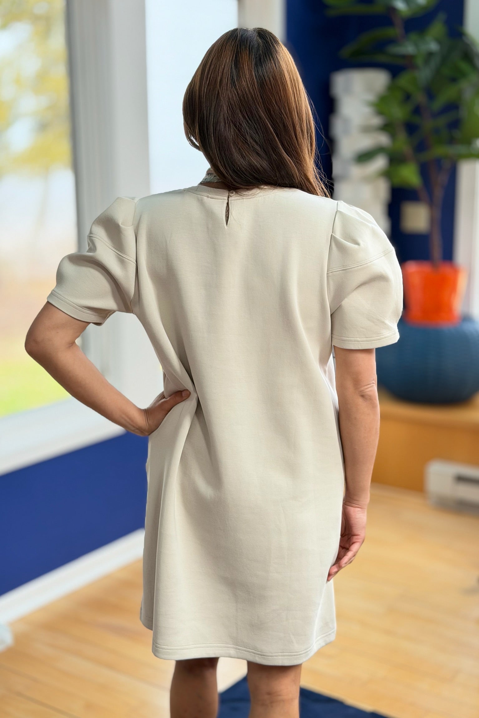 Short Sleeve Puff Shoulder Mini Dress - Oatmeal