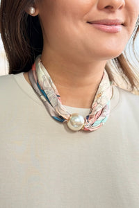 Silky Print Scarf Necklace Pearl Clasp - Pink