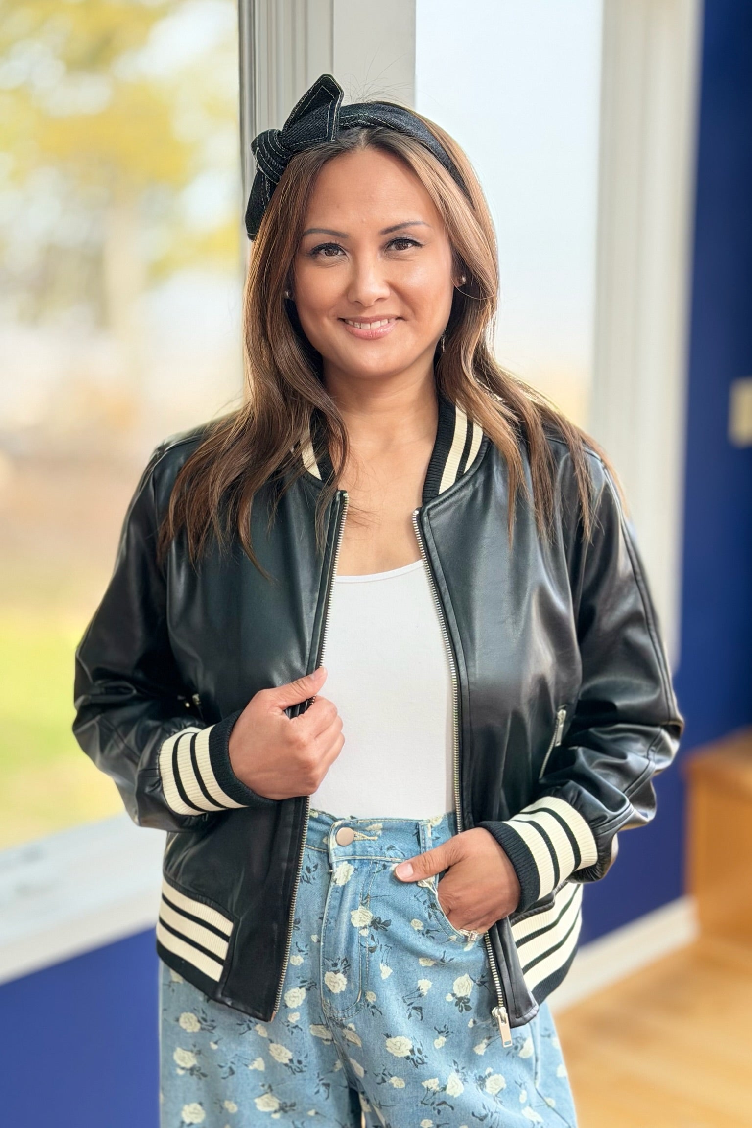 Faux Leather Bomber Jacket - Black