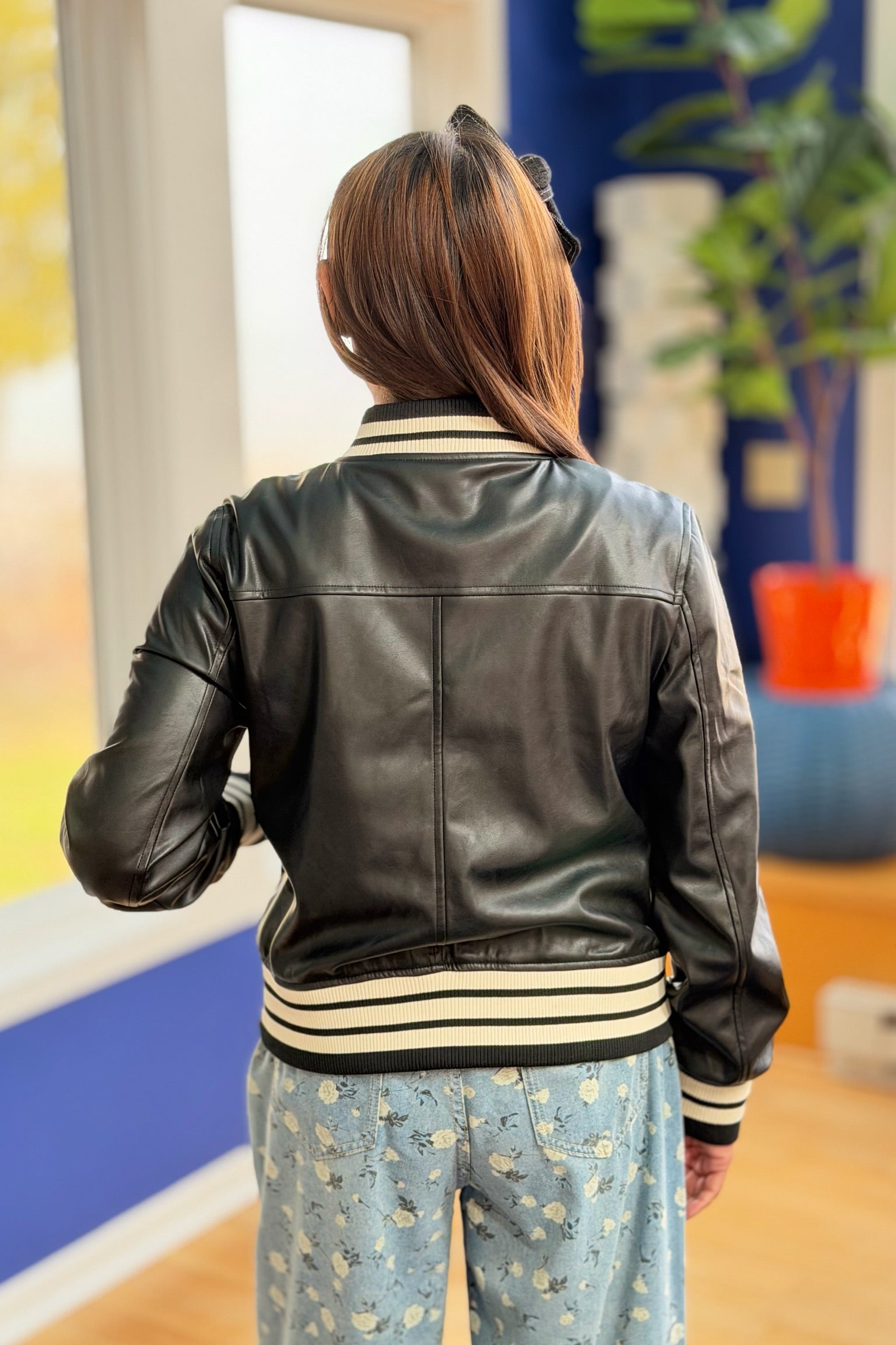 Faux Leather Bomber Jacket - Black