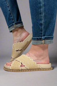Fabby Double Strap Raffia Slide - Beige