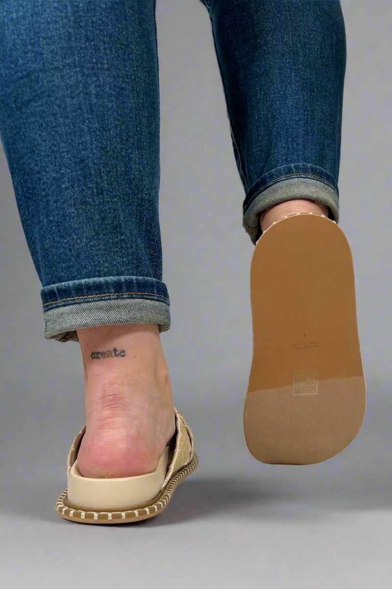 Fabby Double Strap Raffia Slide - Beige