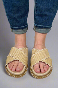 Fabby Double Strap Raffia Slide - Beige