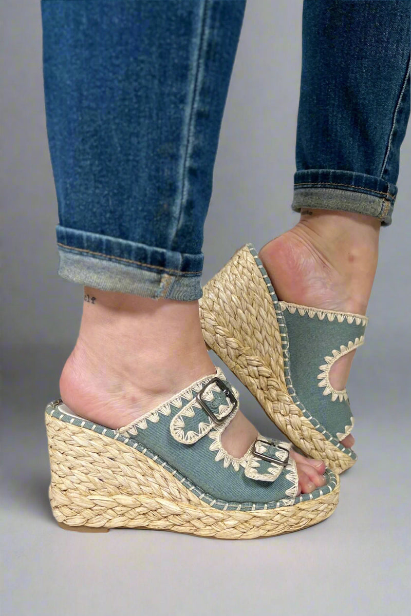Rae Embroidered Espadrille Wedges - Blue